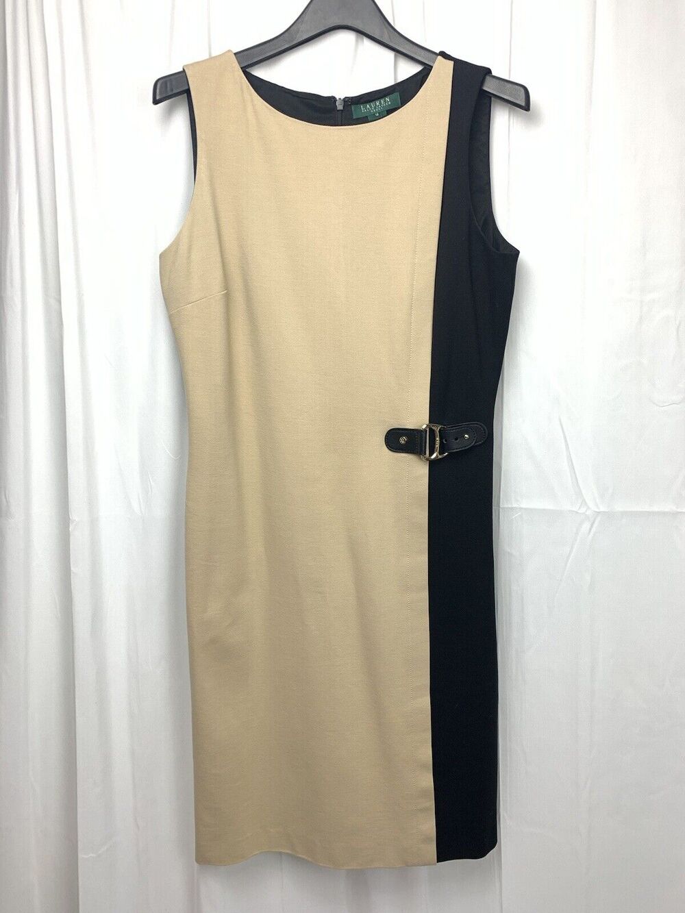 Ralph Lauren Women’s Color Block Black/ Tan Sleeveless Sheath Dress 12